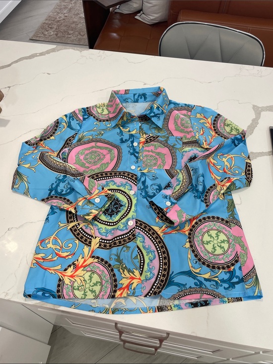 Tops - Ladies Blue Printed Long-Sleeve Shirt
